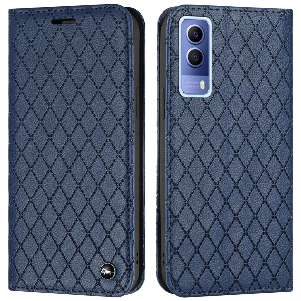 For vivo Y72 5G / iQOO Z3 5G / Y53s / Y52 5G Litchi Texture Anti-drop Phone Cover with Imprinted Rhombus Pattern Full Protection Flip Leather Wallet Case Stand - Blue-1