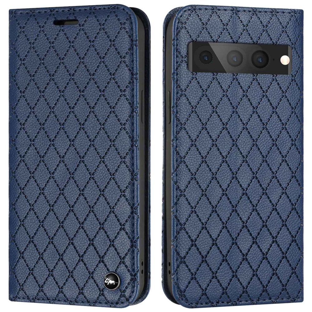 Litchi Texture Protective Case for Google Pixel 7 Pro Shockproof Folio Flip Cover with Wallet Rhombus Pattern Imprinted PU Leather Stand Case RFID Blocking Phone Cover - Blue-1