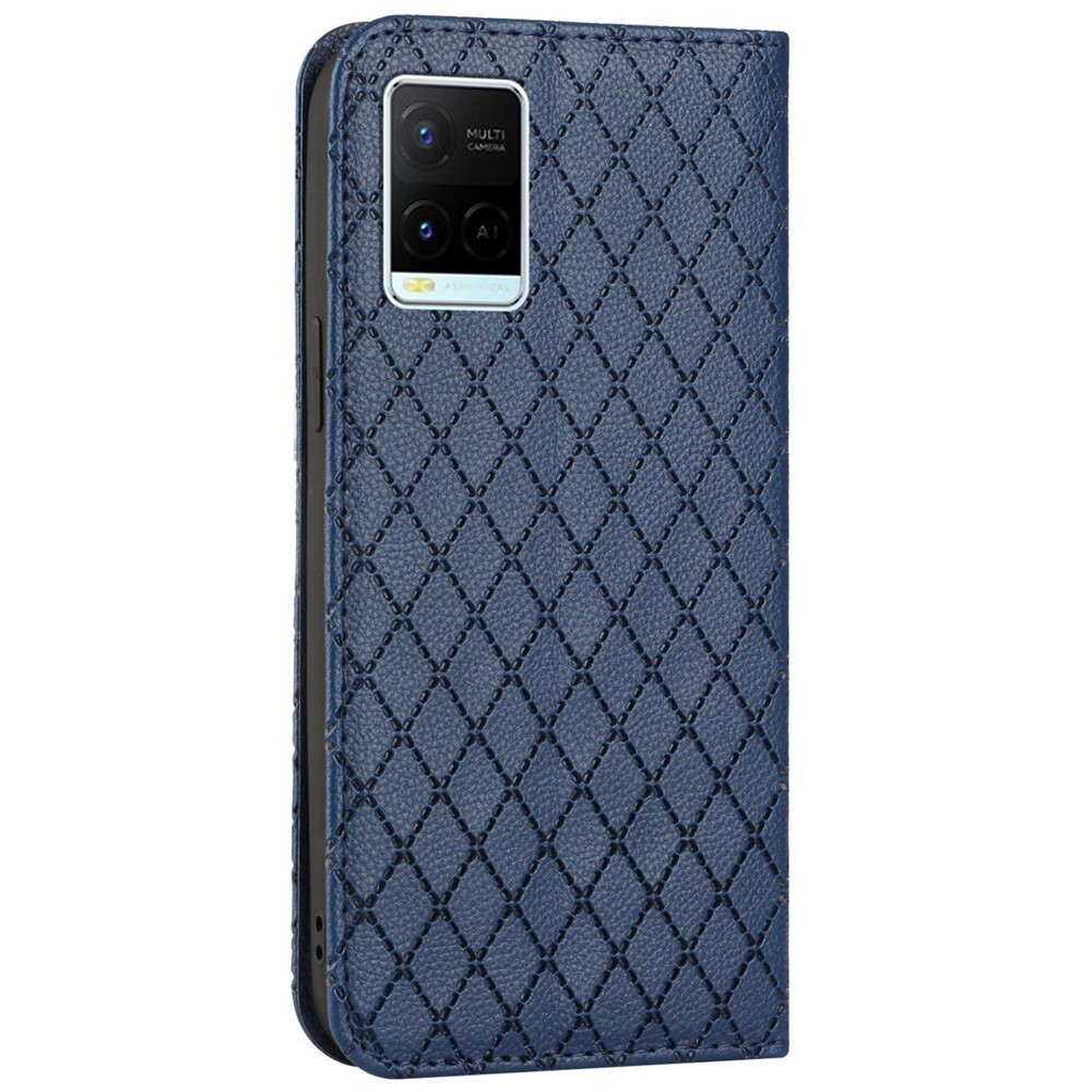 For vivo Y21 / Y33s / Y21s Protective Case Anti-Drop Folio Flip Cover Rhombus Pattern Imprinted PU Leather Stand Case RFID Blocking Phone Cover with Wallet - Blue-11