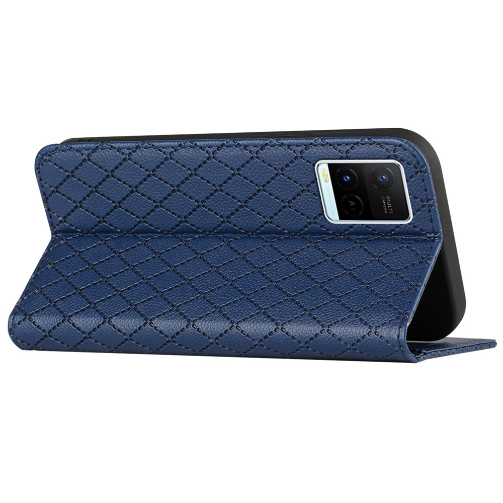 For vivo Y21 / Y33s / Y21s Protective Case Anti-Drop Folio Flip Cover Rhombus Pattern Imprinted PU Leather Stand Case RFID Blocking Phone Cover with Wallet - Blue-4