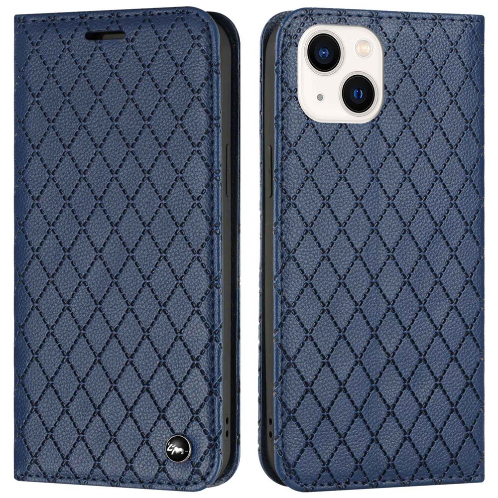 Rhombus Pattern Imprinted Phone Case for iPhone 14 Max 6.7 inch Scratch Resistant Cover with Wallet Litchi Texture PU Leather Stand Case RFID Blocking Phone Shell - Blue-1