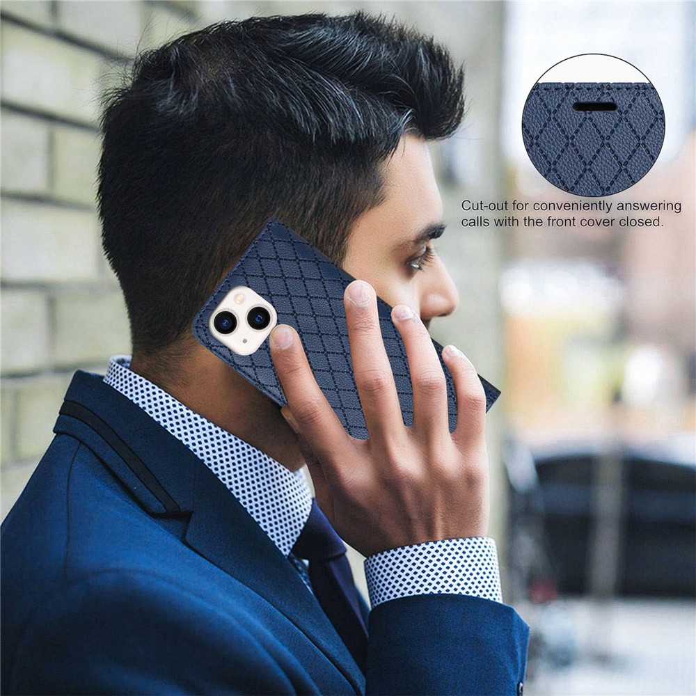 Rhombus Pattern Imprinted Phone Case for iPhone 14 Max 6.7 inch Scratch Resistant Cover with Wallet Litchi Texture PU Leather Stand Case RFID Blocking Phone Shell - Blue-10