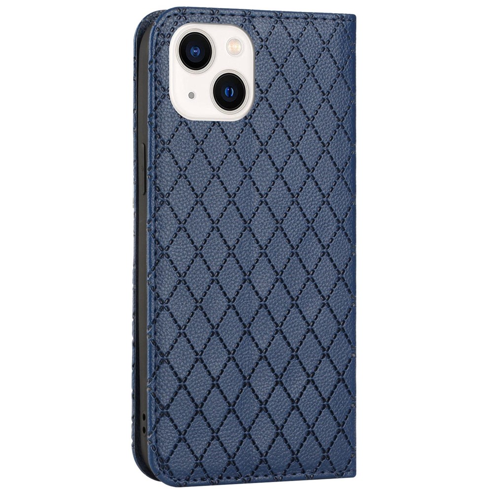 Rhombus Pattern Imprinted Phone Case for iPhone 14 Max 6.7 inch Scratch Resistant Cover with Wallet Litchi Texture PU Leather Stand Case RFID Blocking Phone Shell - Blue-12