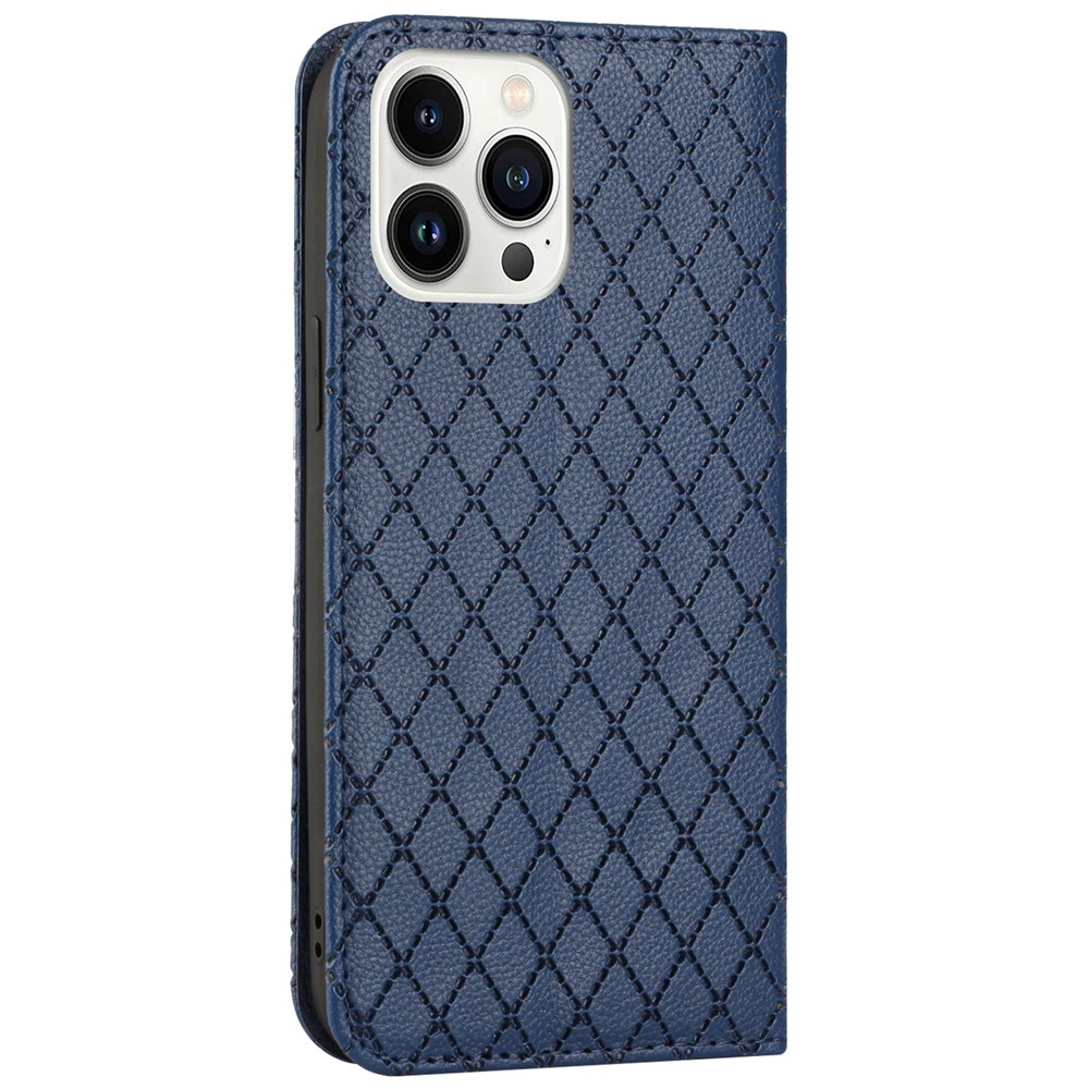 For iPhone 14 Pro 6.1 inch Drop-proof Phone Case Wallet Stand Imprinted Rhombus Pattern Litchi Texture Magnetic PU Leather Phone Cover - Blue-11