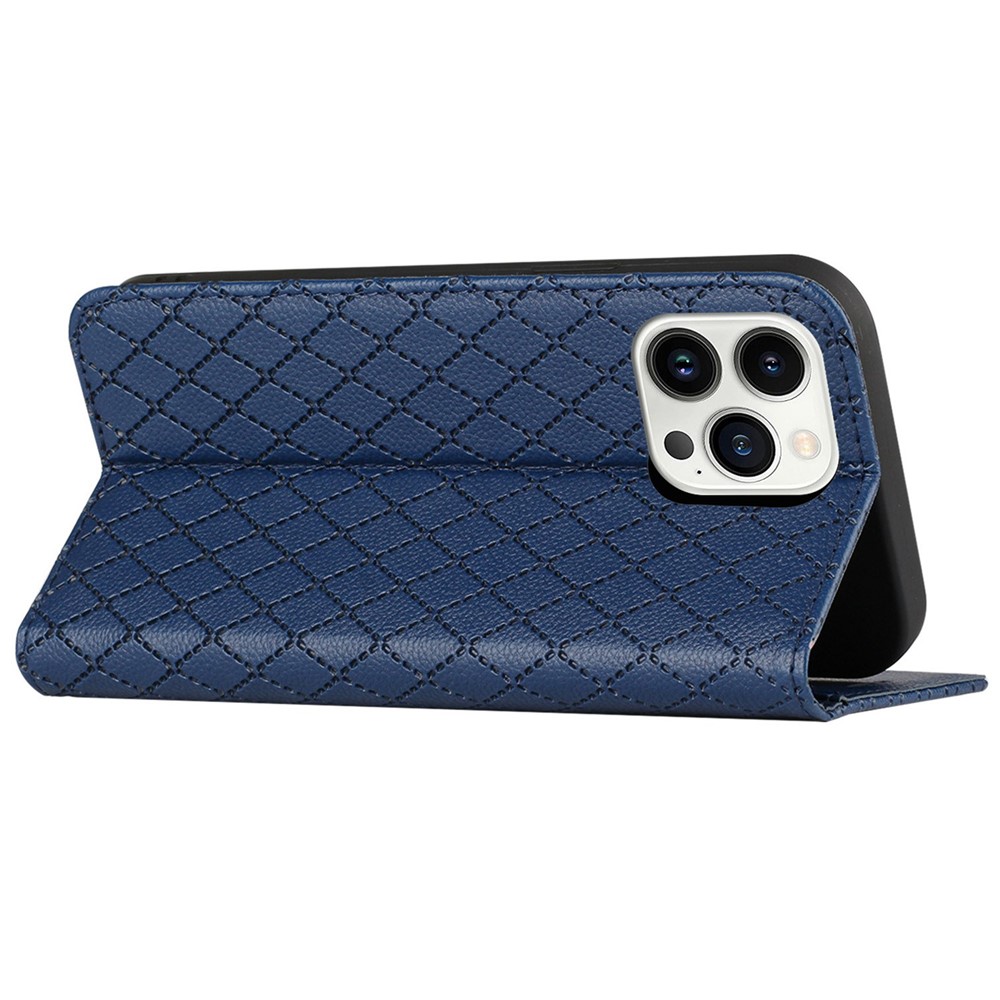 For iPhone 14 Pro 6.1 inch Drop-proof Phone Case Wallet Stand Imprinted Rhombus Pattern Litchi Texture Magnetic PU Leather Phone Cover - Blue-4