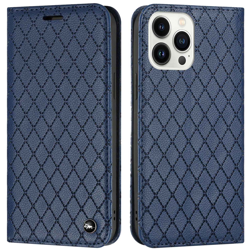 Imprinted Rhombus Pattern Wallet Case for iPhone 13 Pro 6.1 inch Folio Flip Protective Cover Litchi Texture PU Leather Stand Case RFID Blocking Phone Cover - Blue-1