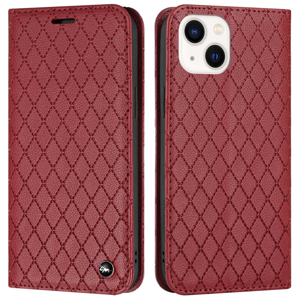 Wallet Case for iPhone 13 mini 5.4 inch Shockproof Folio Flip Cover Rhombus Pattern Embossed Phone Cover Litchi Texture PU Leather Stand Case with RFID Blocking Function - Red