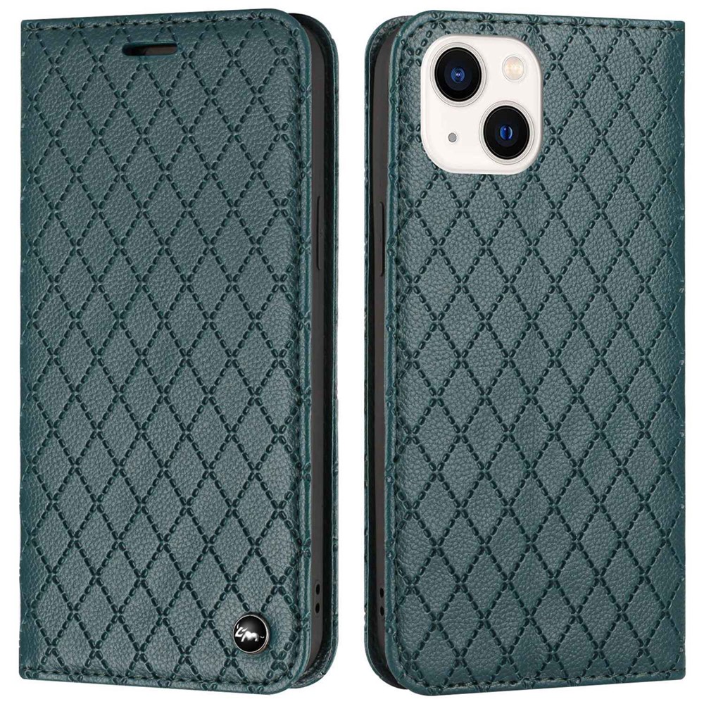 Wallet Case for iPhone 13 mini 5.4 inch Shockproof Folio Flip Cover Rhombus Pattern Embossed Phone Cover Litchi Texture PU Leather Stand Case with RFID Blocking Function - Green
