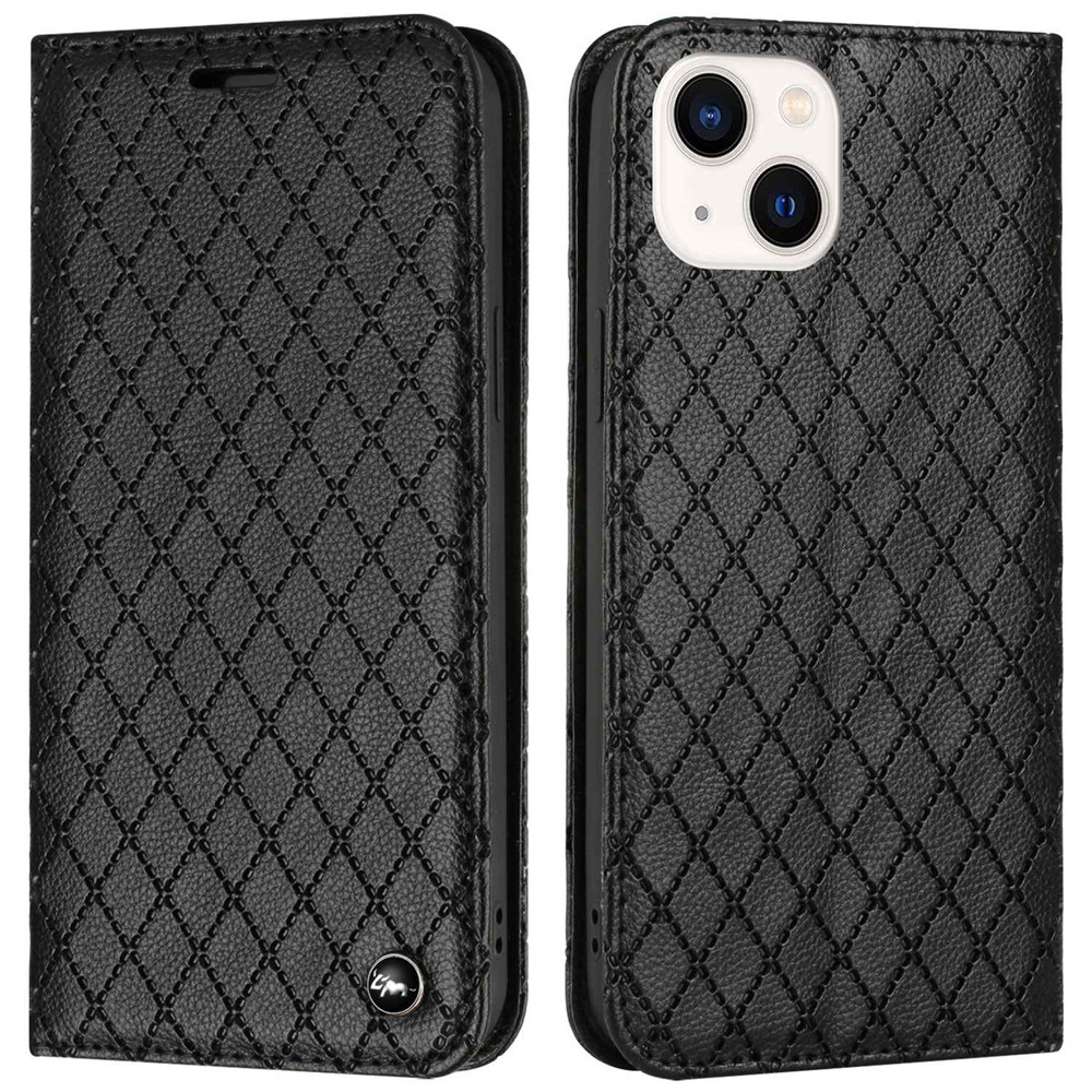 Wallet Case for iPhone 13 mini 5.4 inch Shockproof Folio Flip Cover Rhombus Pattern Embossed Phone Cover Litchi Texture PU Leather Stand Case with RFID Blocking Function - Black