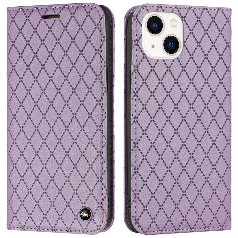 Wallet Case for iPhone 13 mini 5.4 inch Shockproof Folio Flip Cover Rhombus Pattern Embossed Phone Cover Litchi Texture PU Leather Stand Case with RFID Blocking Function - Purple
