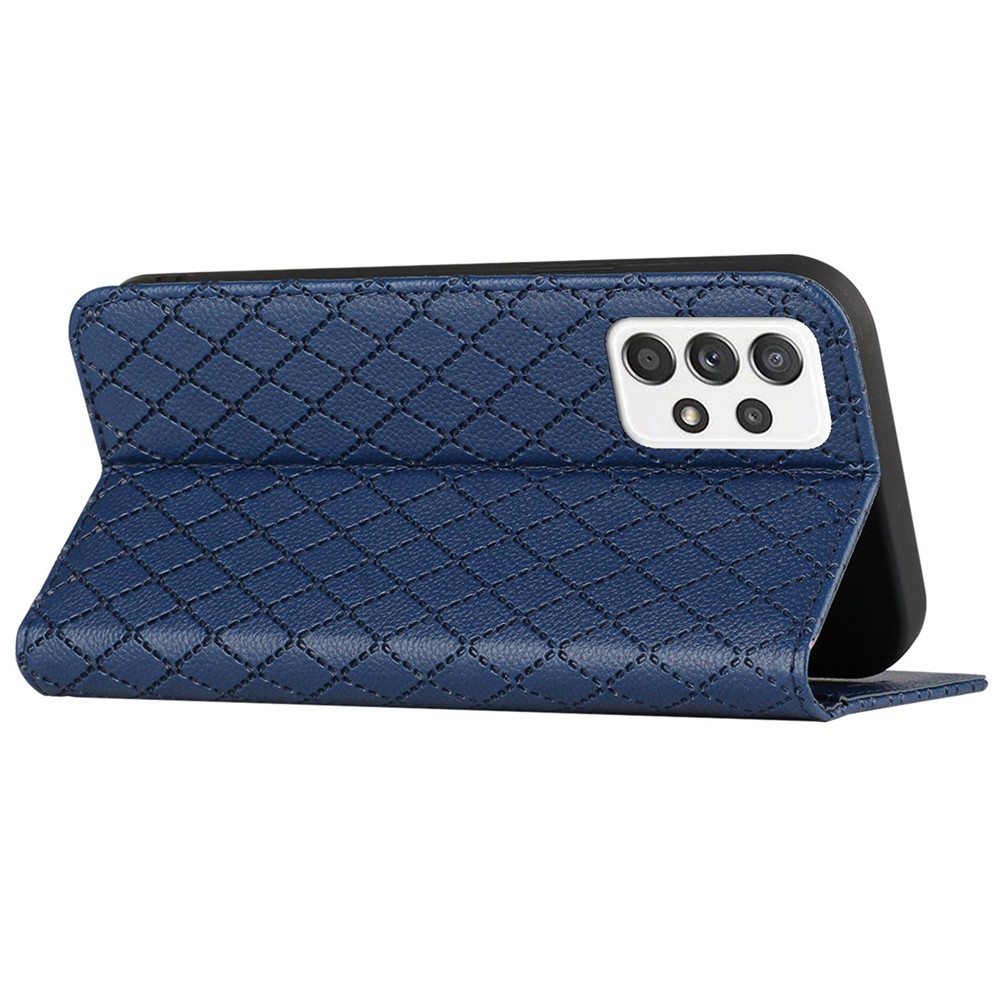 Wallet Phone Case for Samsung Galaxy A33 5G Rhombus Pattern Imprinted Folio Flip Cover Litchi Texture PU Leather Stand Case with RFID Blocking Function - Blue-4