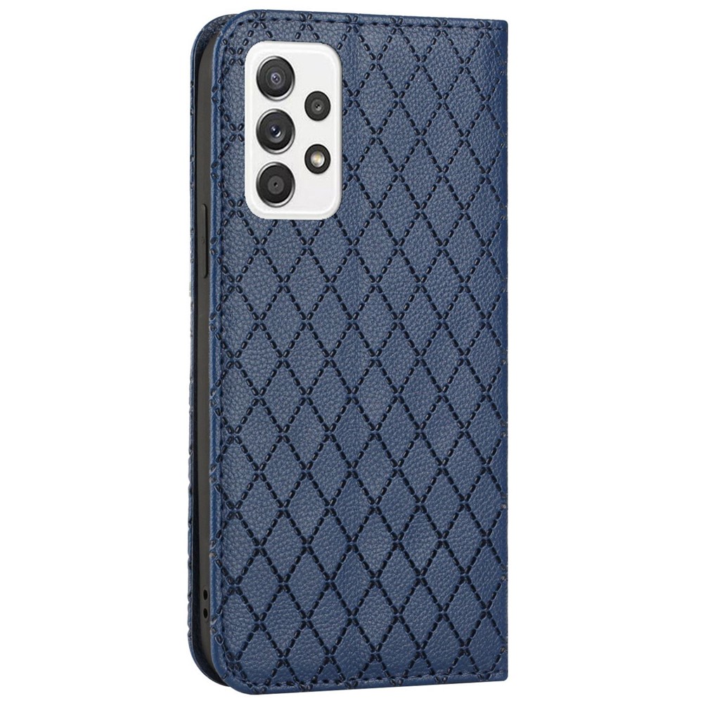 For Samsung Galaxy A23 4G (165.4 x 76.9 x 8.4mm) Wallet Phone Case Imprinted Rhombus Pattern Litchi Texture Magnetic PU Leather Stand Case RFID Blocking Phone Cover - Blue-11