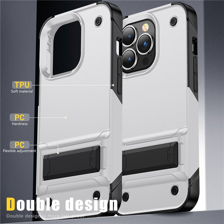 For iPhone 14 Pro Max 6.7 inch Military Grade Shock-Absorption Cover Kickstand Combo PC+TPU Back Case - White / Black-5