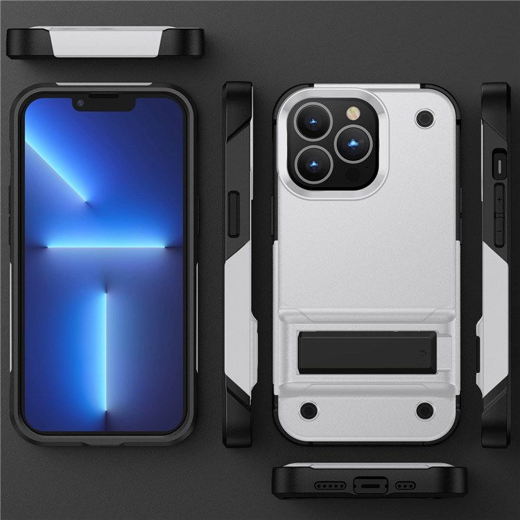 For iPhone 14 Pro Max 6.7 inch Military Grade Shock-Absorption Cover Kickstand Combo PC+TPU Back Case - White / Black-6