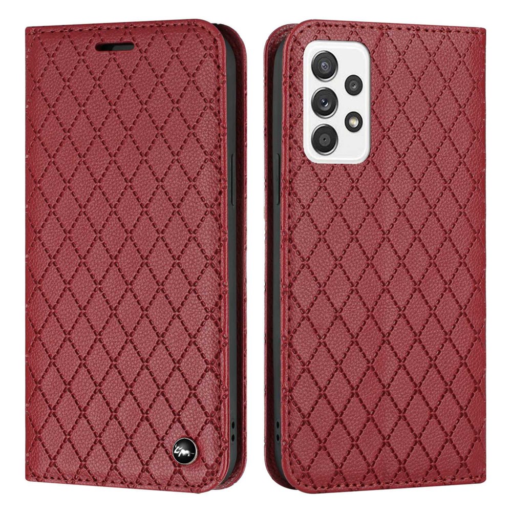 For Samsung Galaxy A52 4G / 5G / A52s 5G RFID Blocking Phone Case, Magnetic Auto-absorbed Litchi Texture PU Leather Bump Proof Rhombus Imprinted Cellphone Cover with Stand Wallet - Red-1