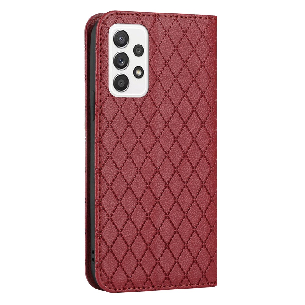 For Samsung Galaxy A52 4G / 5G / A52s 5G RFID Blocking Phone Case, Magnetic Auto-absorbed Litchi Texture PU Leather Bump Proof Rhombus Imprinted Cellphone Cover with Stand Wallet - Red-11