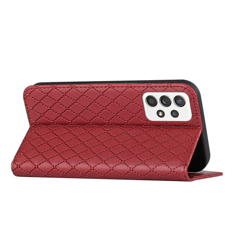 For Samsung Galaxy A52 4G / 5G / A52s 5G RFID Blocking Phone Case, Magnetic Auto-absorbed Litchi Texture PU Leather Bump Proof Rhombus Imprinted Cellphone Cover with Stand Wallet - Red-3