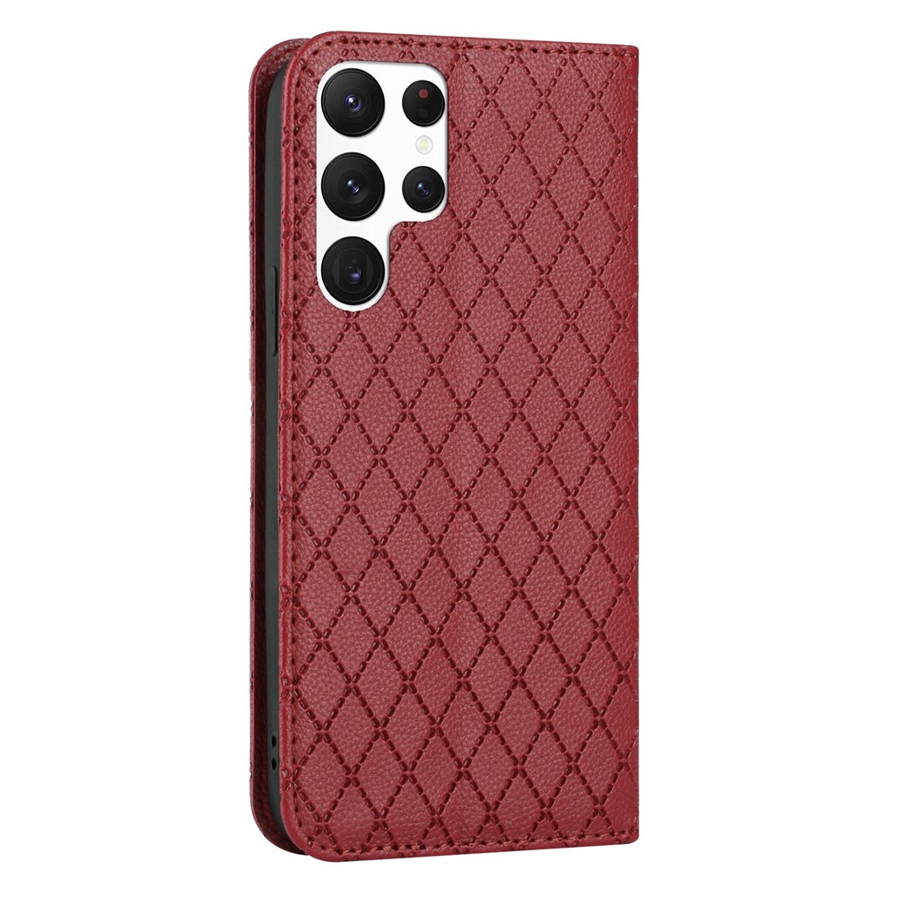 For Samsung Galaxy S22 Ultra 5G Rhombus Embossing Litchi Texture PU Leather Full-protection Cover RFID Blocking Phone Stand Wallet Case - Red-11