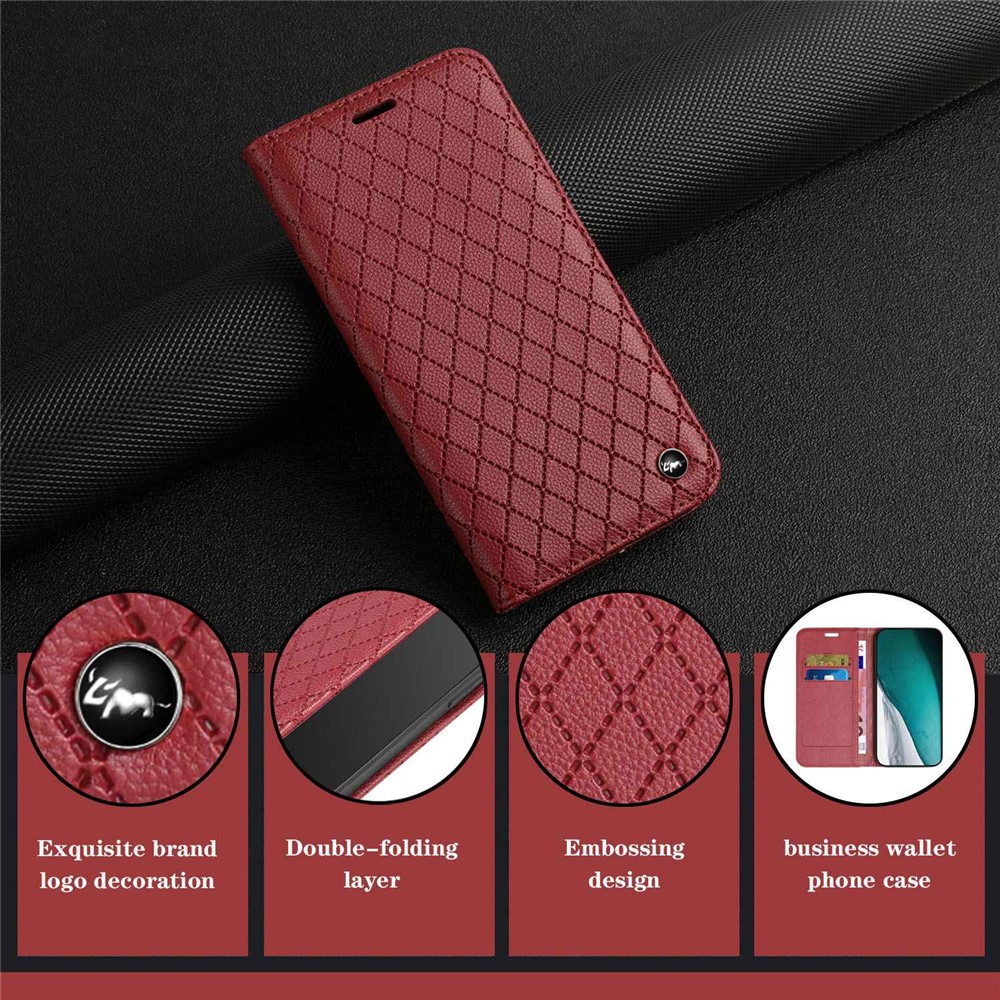For Samsung Galaxy S22 Ultra 5G Rhombus Embossing Litchi Texture PU Leather Full-protection Cover RFID Blocking Phone Stand Wallet Case - Red-8