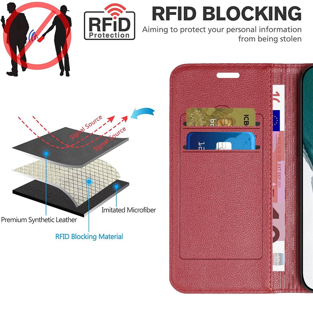 For Samsung Galaxy S21 5G / S21 4G / S30 5G RFID Blocking PU Leather Full-protection Cover Rhombus Embossing Litchi Texture Flip Stand Wallet Phone Case - Red-9