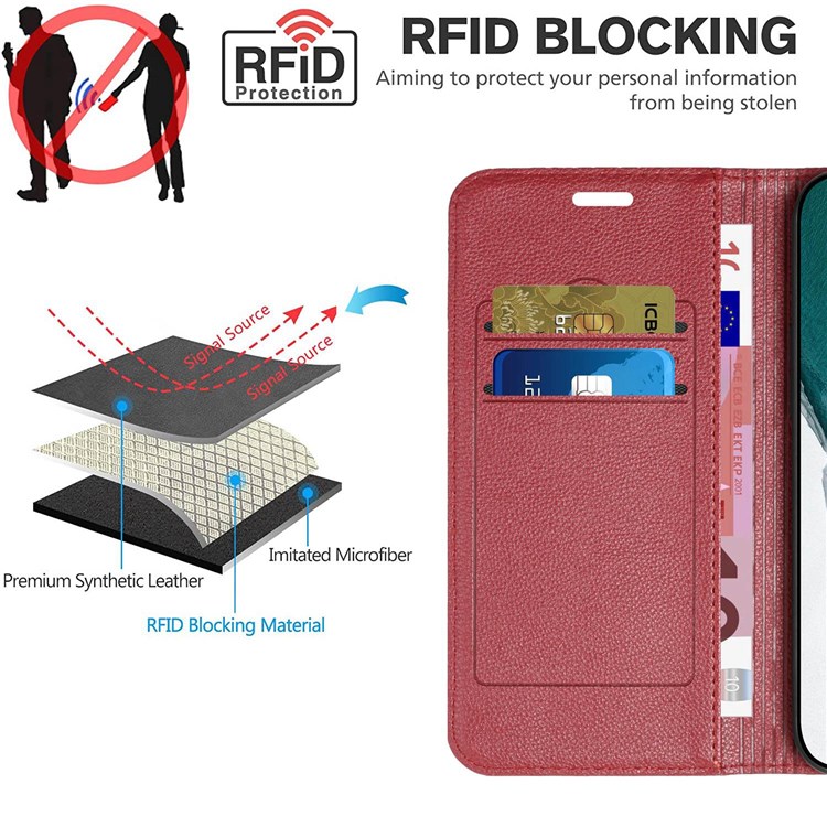 Для Samsung Galaxy S20 fe 4G / fe 5g / S20 Lite / S20 fe 2022 Rombus Тис Чистого Титура Litchi Texture RFID Блокировка Телефона Корпус Кожа Кожа Кожа - Красный-9