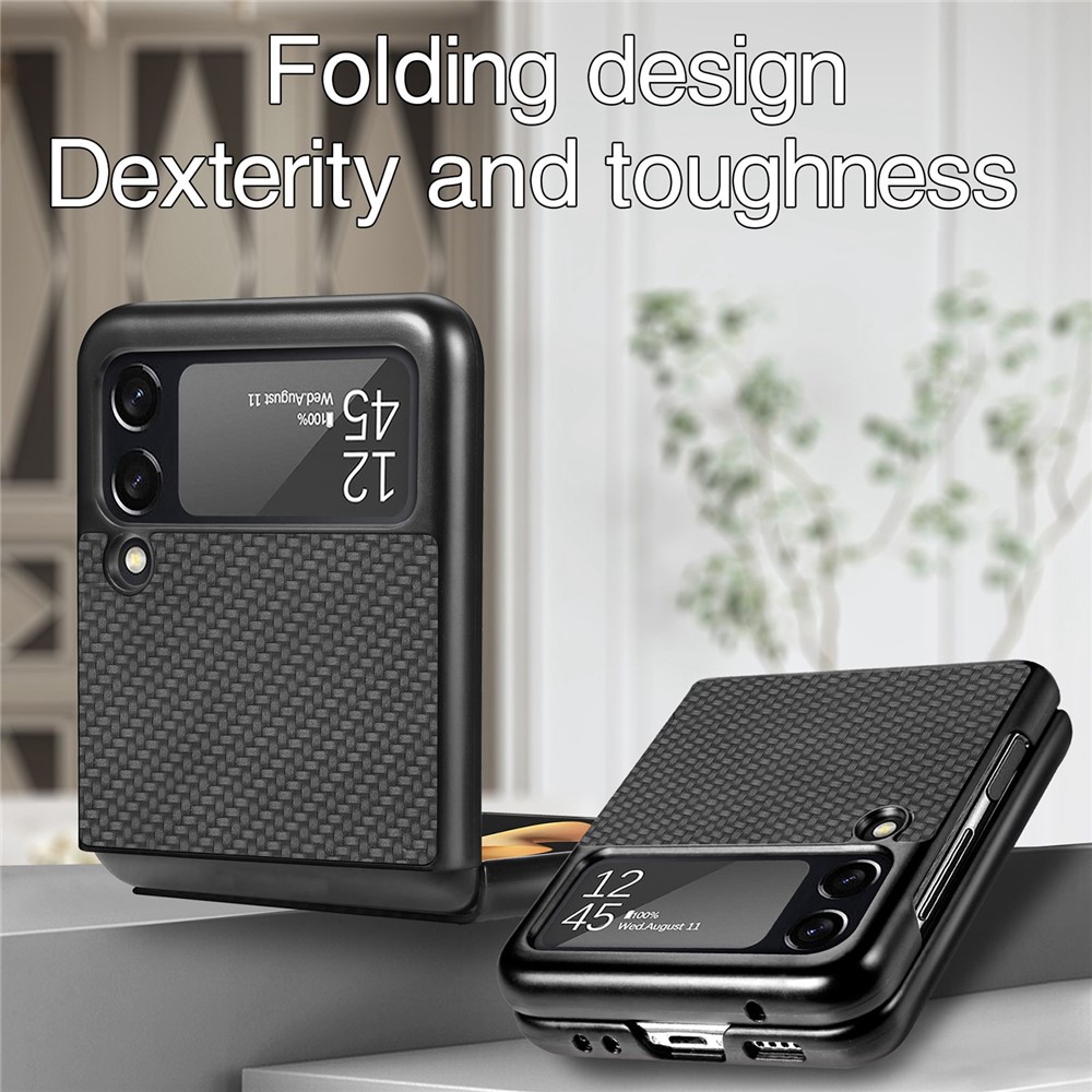 For Samsung Galaxy Z Flip4 5G Carbon Fiber Texture Leather Coated PC Anti-fingerprint Anti-drop Phone Case - Black-9