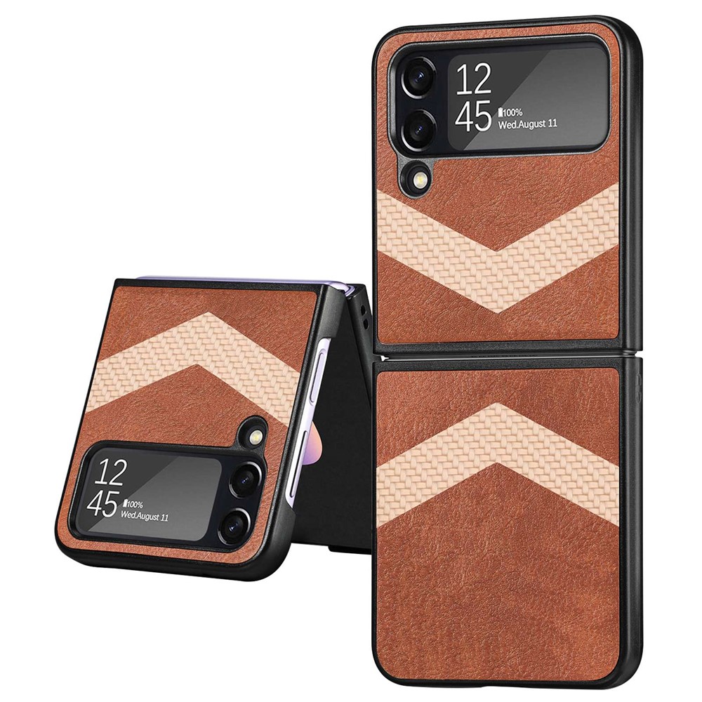 For Samsung Galaxy Z Flip4 5G Anti-drop Phone Case, Double V Splicing PU Leather Coating PC Protective Cover - Brown-1