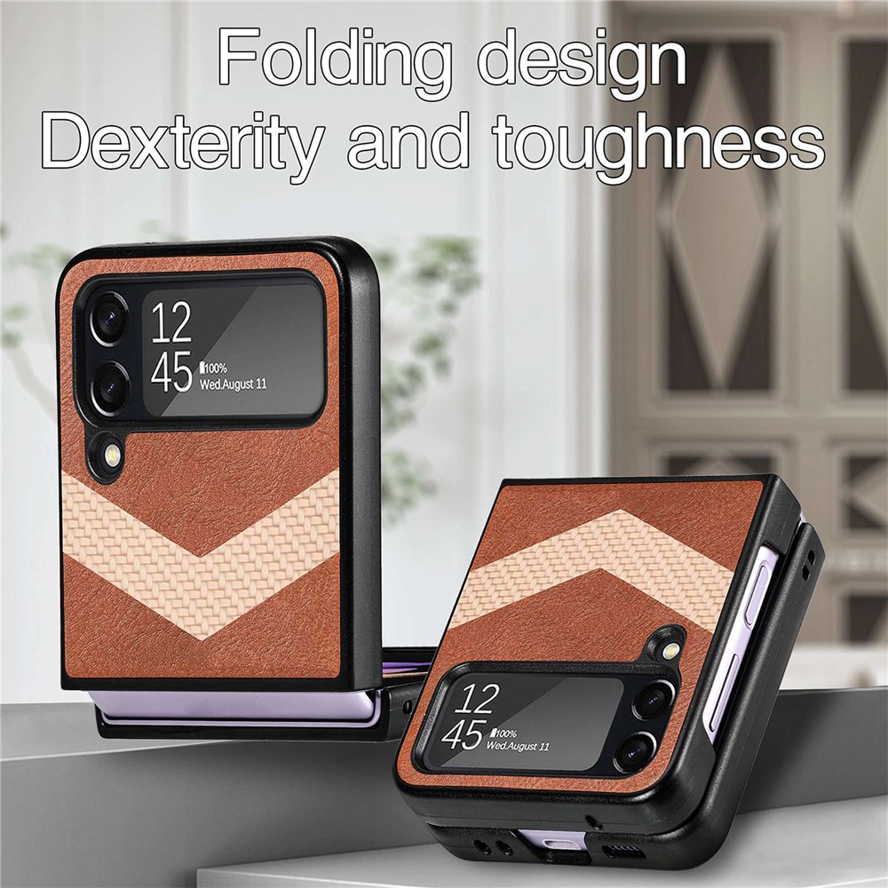 For Samsung Galaxy Z Flip4 5G Anti-drop Phone Case, Double V Splicing PU Leather Coating PC Protective Cover - Brown-9
