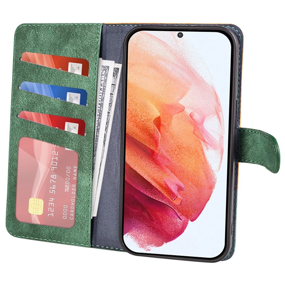 For Samsung Galaxy S21 4G / 5G Folio Flip Color Splicing Wood Texture Phone Cover Leather Anti-shock Magnetic Wallet Style Case with Stand - Green-2