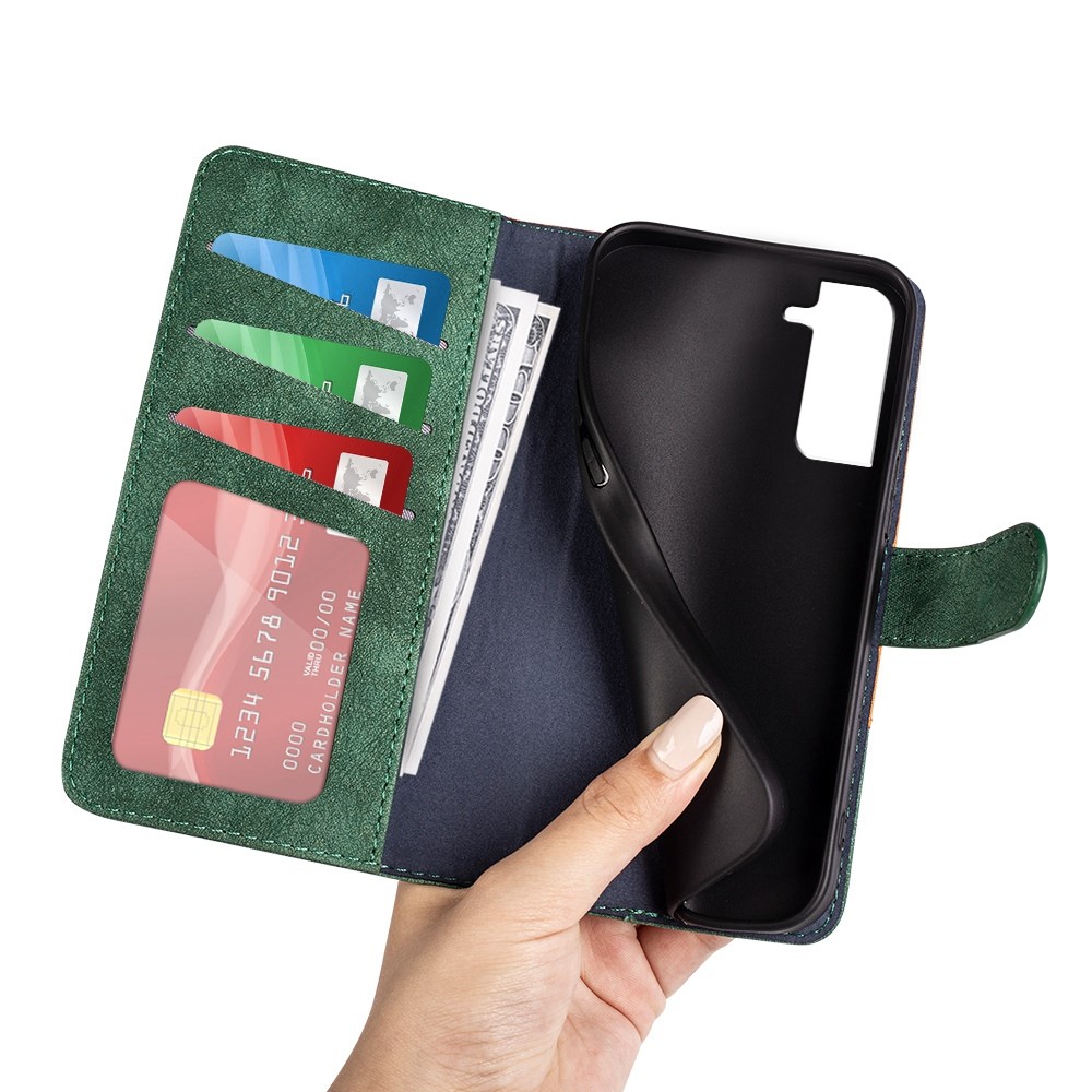 For Samsung Galaxy S21 4G / 5G Folio Flip Color Splicing Wood Texture Phone Cover Leather Anti-shock Magnetic Wallet Style Case with Stand - Green-5