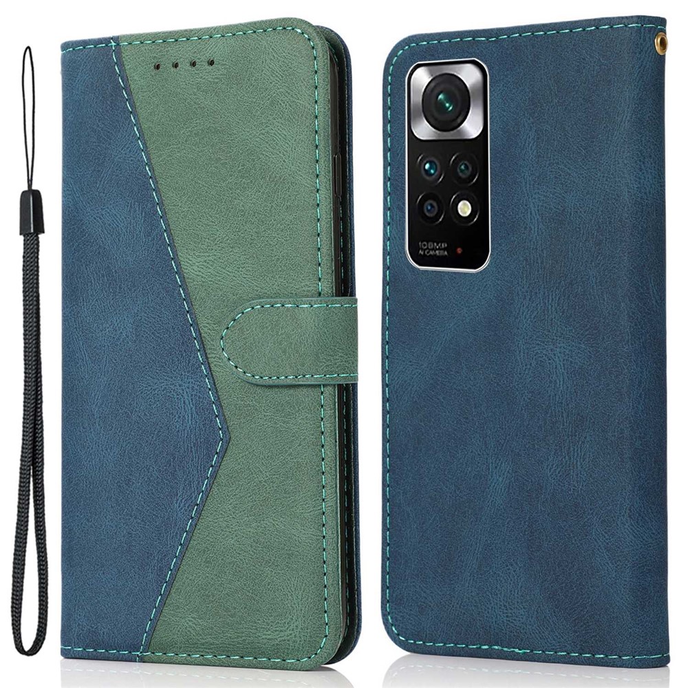 For Xiaomi Redmi Note 11 4G (Qualcomm) / Note 11S 4G Stand Wallet Case Color Splicing PU Leather Magnetic Clasp Phone Cover with Wrist Strap - Blue / Green-1