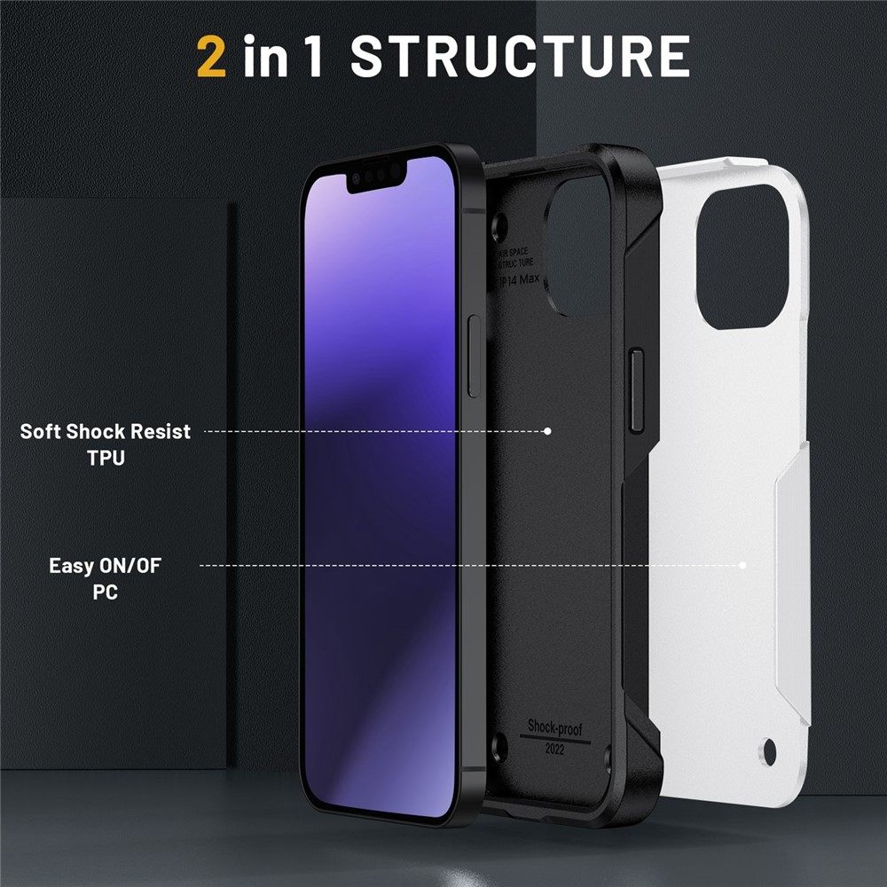 For iPhone 14 Pro Max 6.7 inch Military Grade Anti-fall Cover PC+TPU Anti-fingerprint Cell Phone Case Protector - White / Black-4