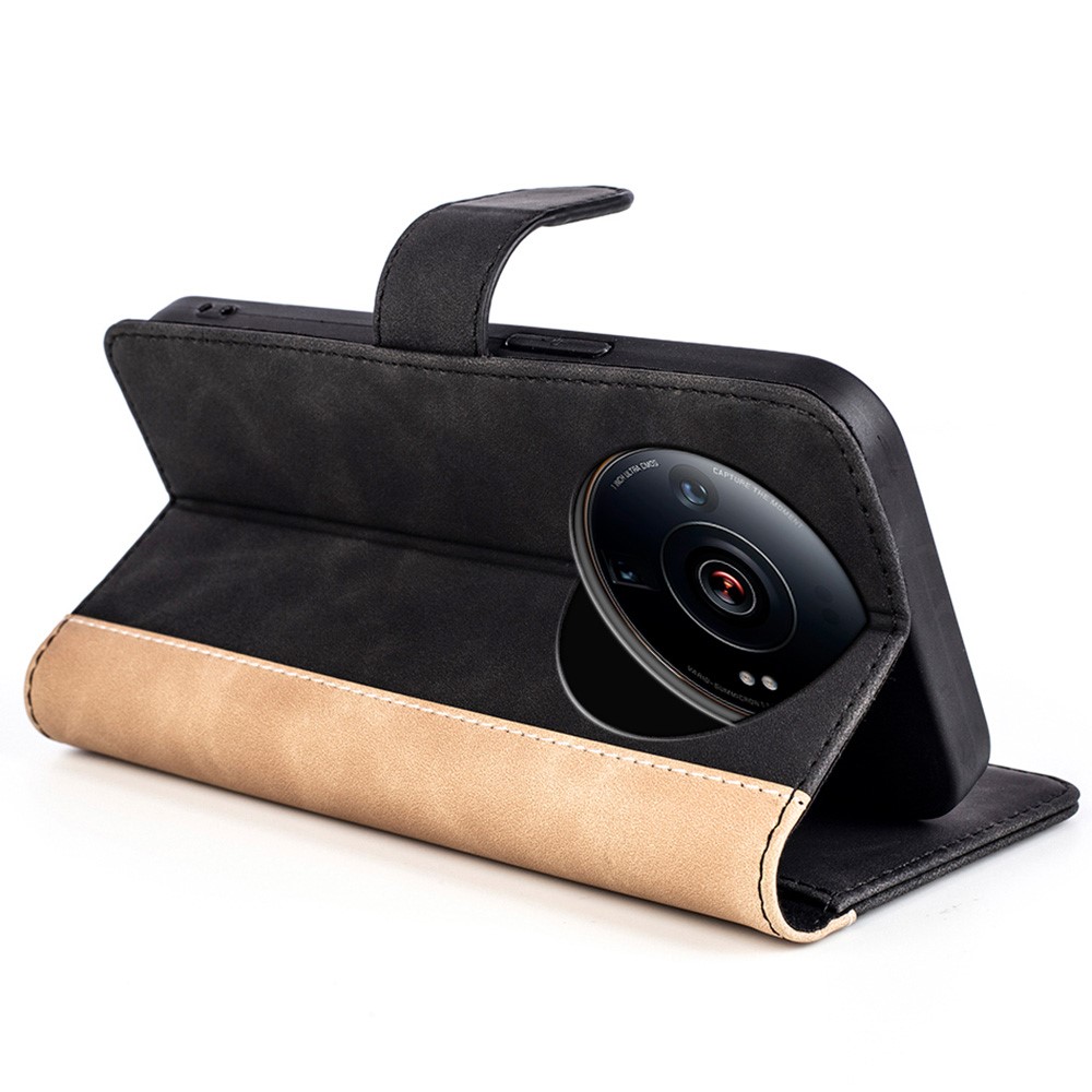 For Xiaomi 12 Ultra Color Splicing PU Leather Phone Anti-wear Case Magnetic Clasp Cover Protector with Stand Wallet - Black-3