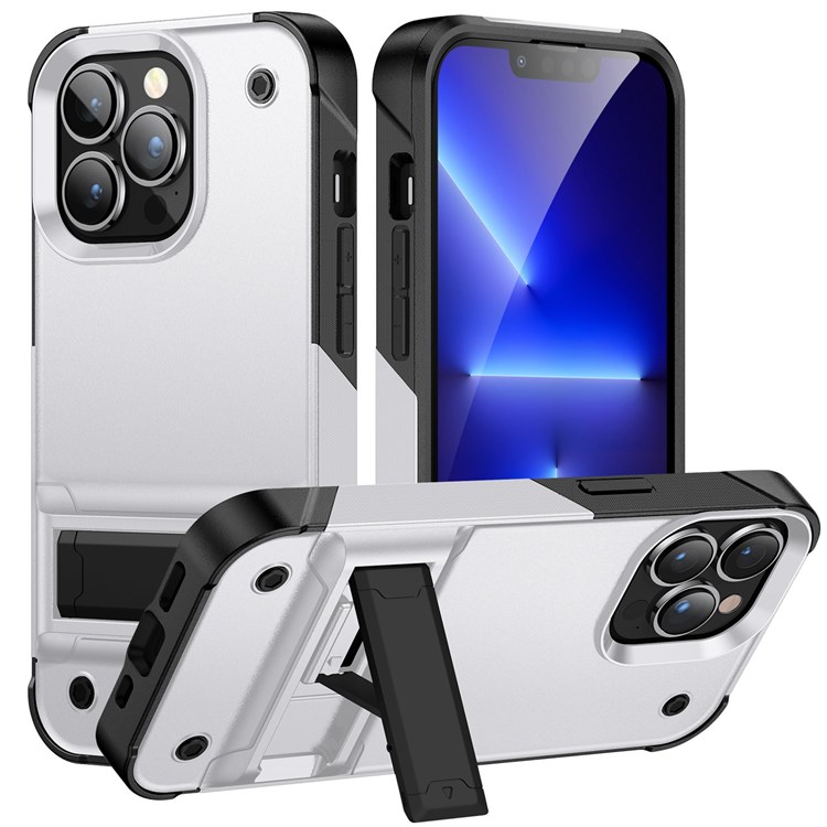 For iPhone 14 Pro 6.1 inch Military Grade Drop-proof Anti-scratch Protective Cover Kickstand Design PC+TPU Cell Phone Case - White / Black-1