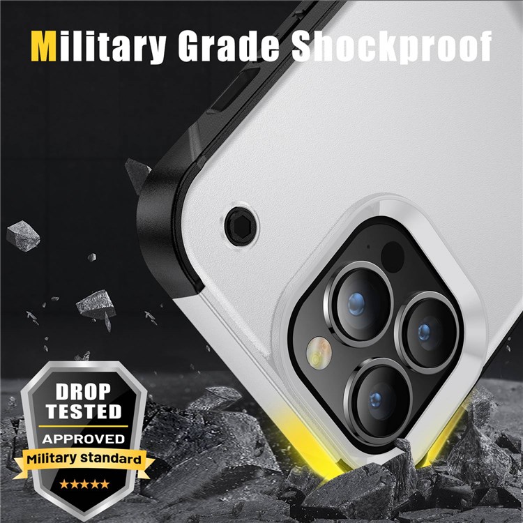 For iPhone 14 Pro 6.1 inch Military Grade Drop-proof Anti-scratch Protective Cover Kickstand Design PC+TPU Cell Phone Case - White / Black-2
