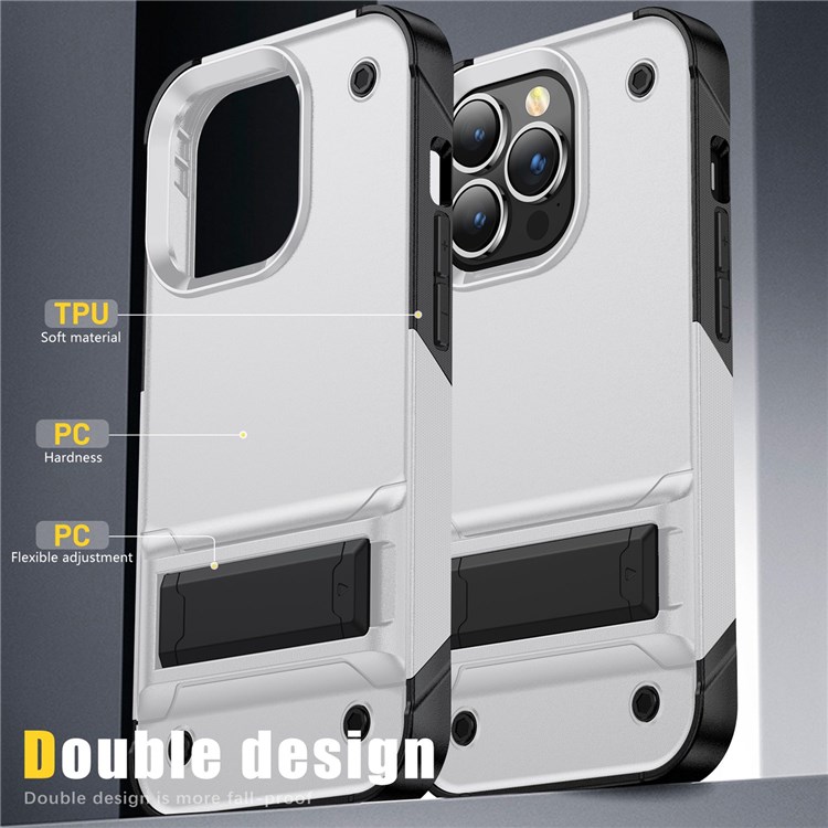 For iPhone 14 Pro 6.1 inch Military Grade Drop-proof Anti-scratch Protective Cover Kickstand Design PC+TPU Cell Phone Case - White / Black-5