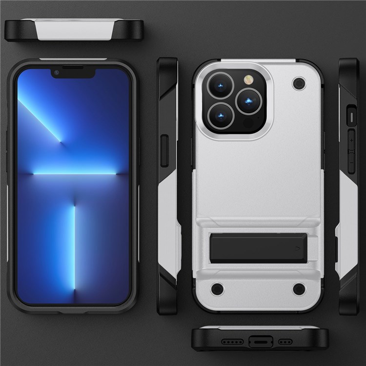 For iPhone 14 Pro 6.1 inch Military Grade Drop-proof Anti-scratch Protective Cover Kickstand Design PC+TPU Cell Phone Case - White / Black-6