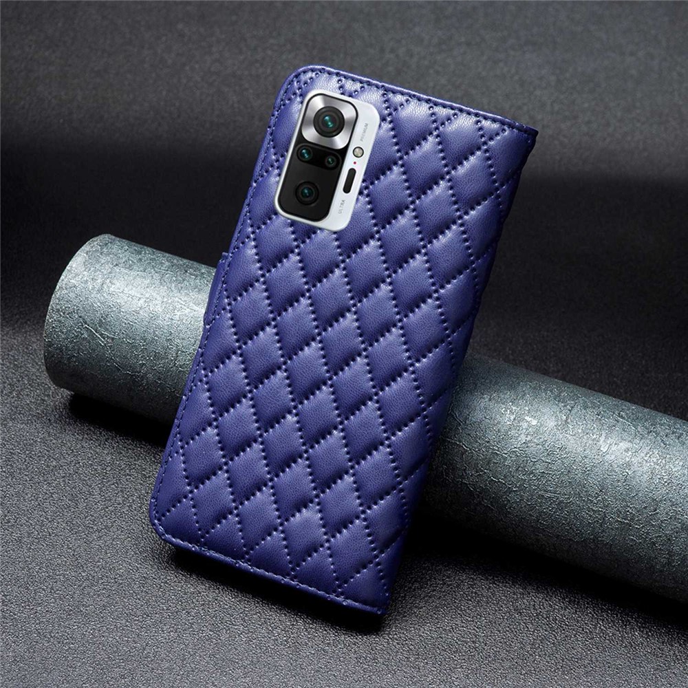 BINFEN COLOR For Xiaomi Redmi Note 10 Pro 4G (India) / (Global) / Note 10 Pro Max 4G BF Style-14 PU Leather Imprinted Rhombus Pattern Matte Phone Case Stand Wallet Cover - Blue-6