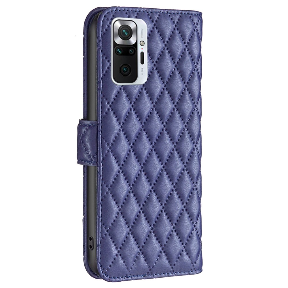 BINFEN COLOR For Xiaomi Redmi Note 10 Pro 4G (India) / (Global) / Note 10 Pro Max 4G BF Style-14 PU Leather Imprinted Rhombus Pattern Matte Phone Case Stand Wallet Cover - Blue-8