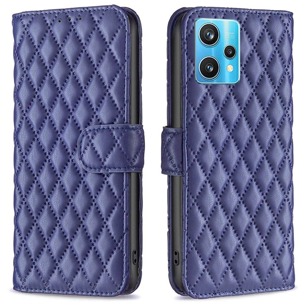 BINFEN COLOR Stand Wallet Leather Case for Realme 9 Pro+ 5G, BF Style-14 Imprinted Rhombus Pattern Matte Phone Cover - Blue-1