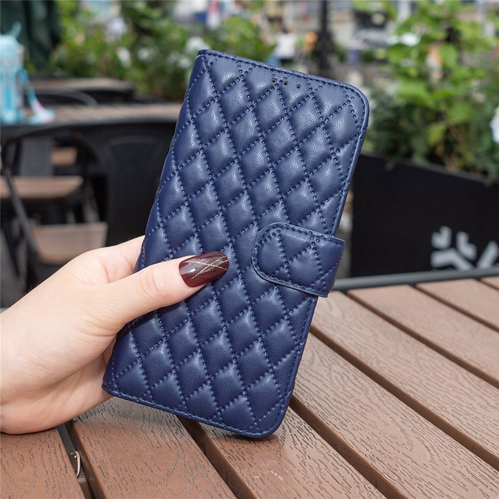BINFEN COLOR Stand Wallet Leather Case for Realme 9 Pro+ 5G, BF Style-14 Imprinted Rhombus Pattern Matte Phone Cover - Blue-4