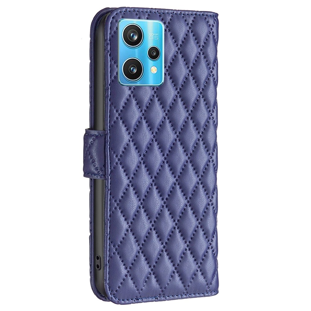 BINFEN COLOR Stand Wallet Leather Case for Realme 9 Pro+ 5G, BF Style-14 Imprinted Rhombus Pattern Matte Phone Cover - Blue-8