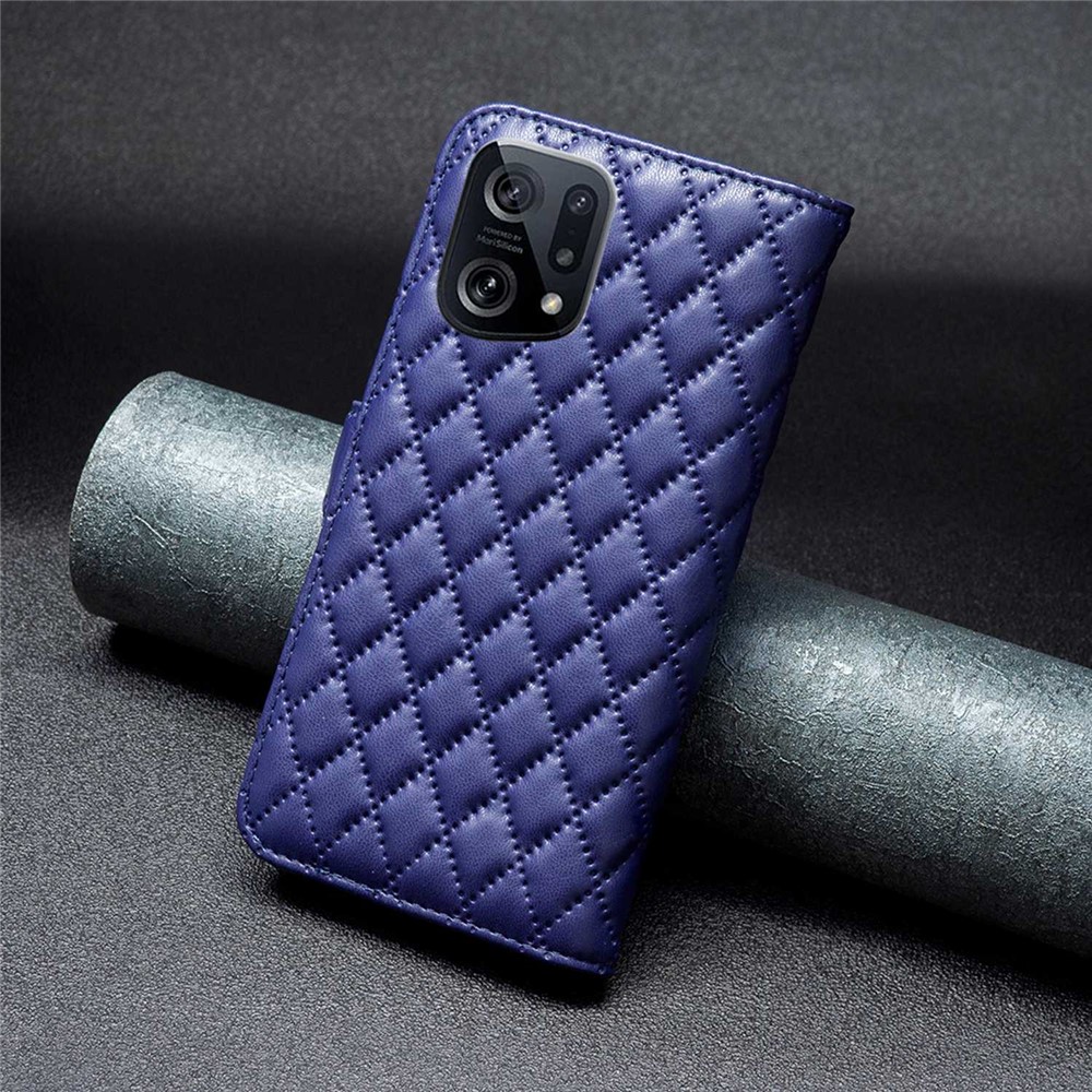 BINFEN COLOR For Oppo Find X5 Imprinted Rhombus Pattern Phone Case, BF Style-14 Matte Leather Stand Wallet Cover - Blue-6