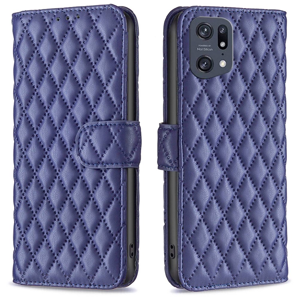BINFEN COLOR BF Style-14 for Oppo Find X5 Pro Adjustable Stand Matte Leather Case Wallet Magnetic Clasp Imprinted Rhombus Pattern Phone Cover - Blue-1