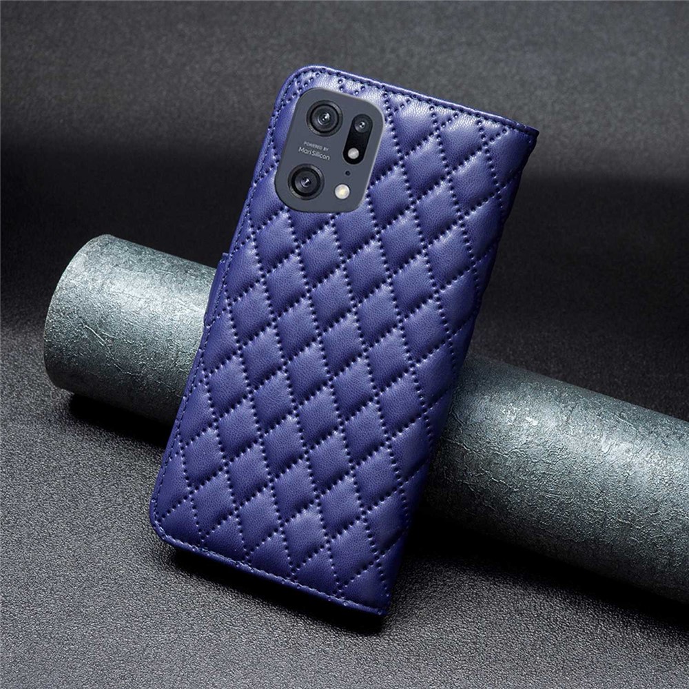 BINFEN COLOR BF Style-14 for Oppo Find X5 Pro Adjustable Stand Matte Leather Case Wallet Magnetic Clasp Imprinted Rhombus Pattern Phone Cover - Blue-6