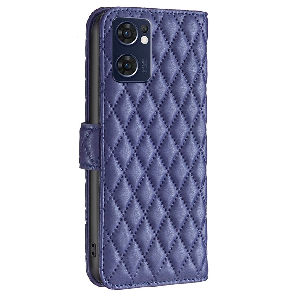 BINFEN COLOR For Oppo Find X5 Lite / Reno7 5G (Global) BF Style-14 Imprinted Rhombus Pattern PU Leather Wallet Cover Full Protection Matte Phone Stand Case - Blue-8