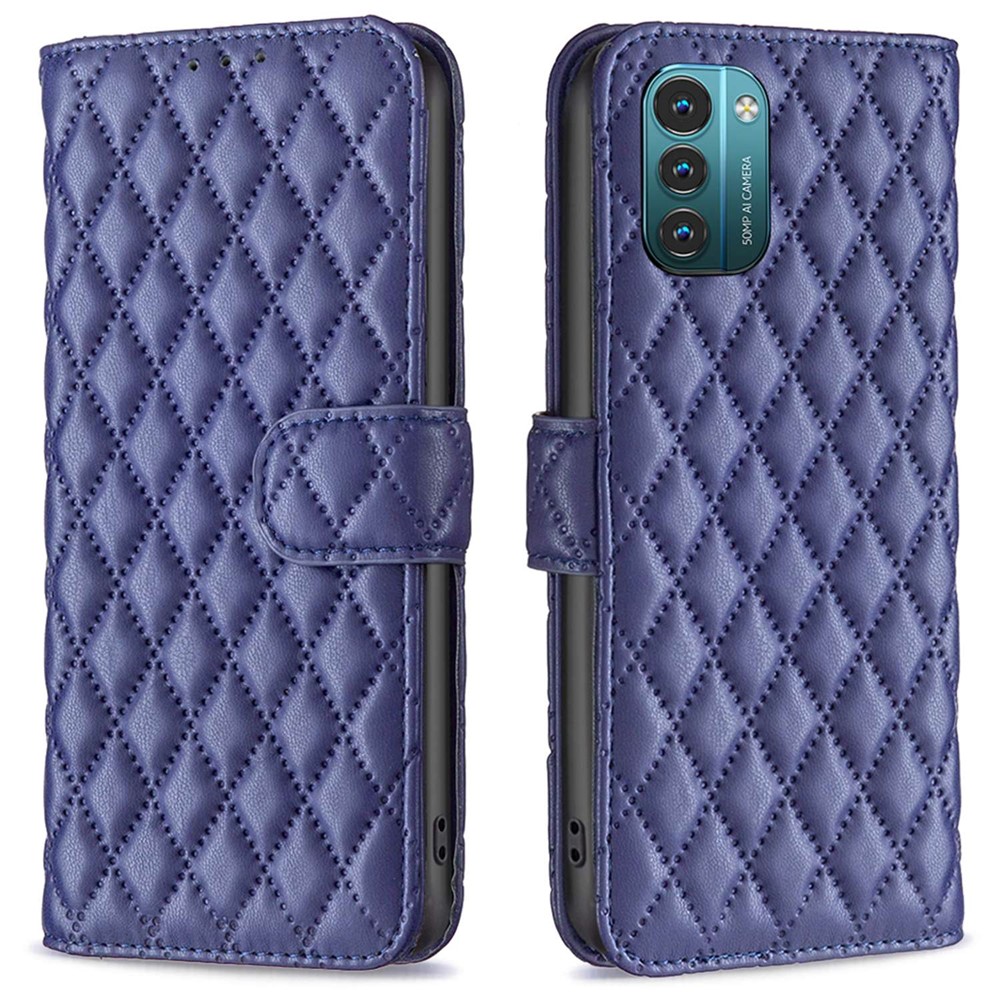 BINFEN COLOR For Nokia G11 / G21 BF Style-14 Imprinted Rhombus Pattern PU Leather + TPU Shockproof Matte Phone Case with Stand Wallet - Blue-1