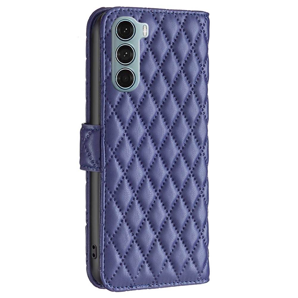 BINFEN COLOR For Motorola Moto G200 5G / Edge S30 BF Style-14 Imprinted Rhombus Pattern Stand Wallet Case PU Leather Matte Anti-scratch Phone Shell - Blue-8