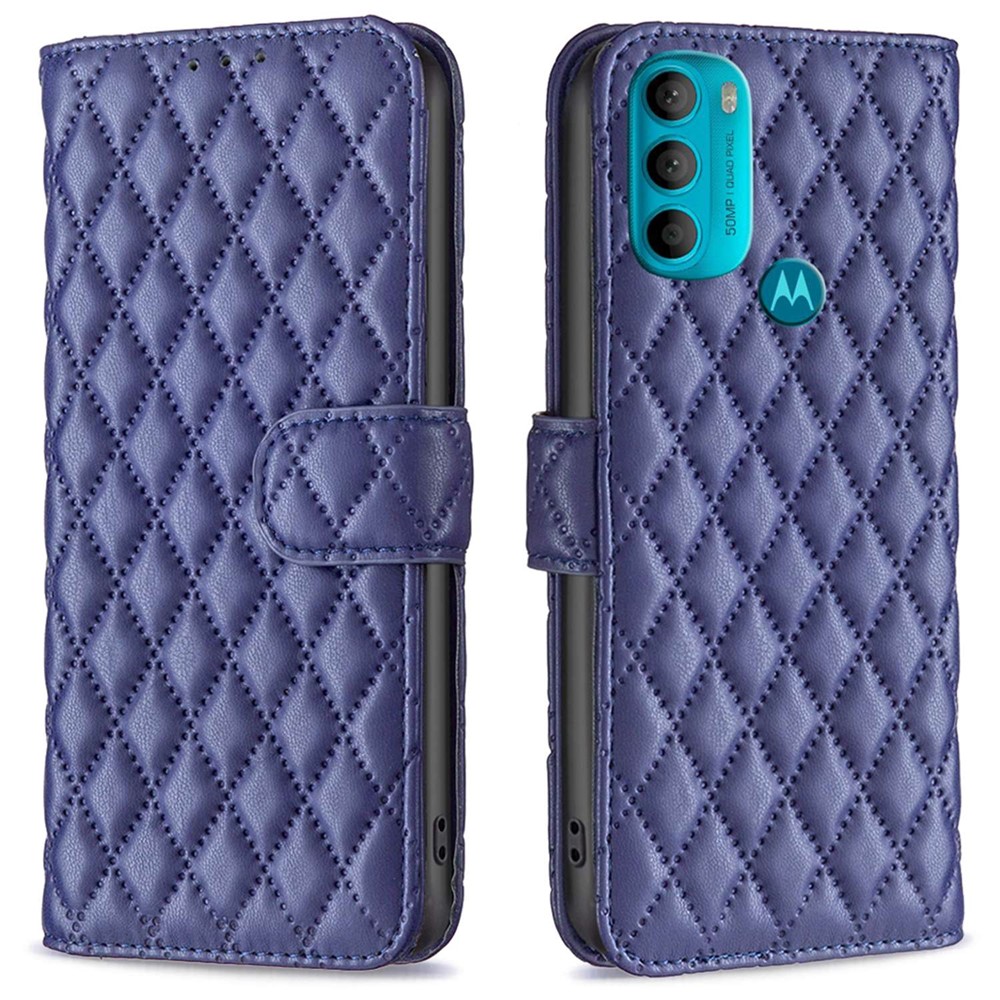 BINFEN COLOR For Motorola Moto G71 5G BF Style-14 Imprinted Rhombus Pattern PU Leather Matte Wallet Case Viewing Stand Flip Folio Phone Cover - Blue-1