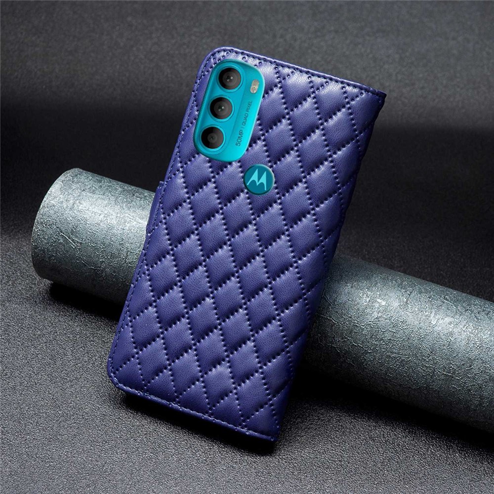 BINFEN COLOR For Motorola Moto G71 5G BF Style-14 Imprinted Rhombus Pattern PU Leather Matte Wallet Case Viewing Stand Flip Folio Phone Cover - Blue-6